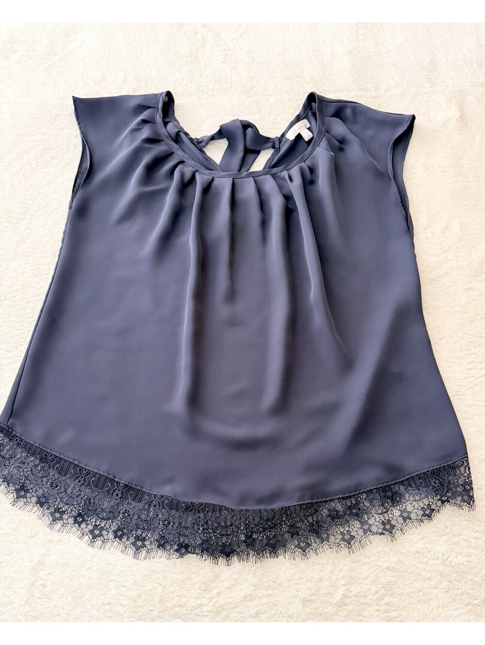 LC Lauren Conrad Blue Sleeveless Shell Top Lace Hem Tie Neck Women’s Small